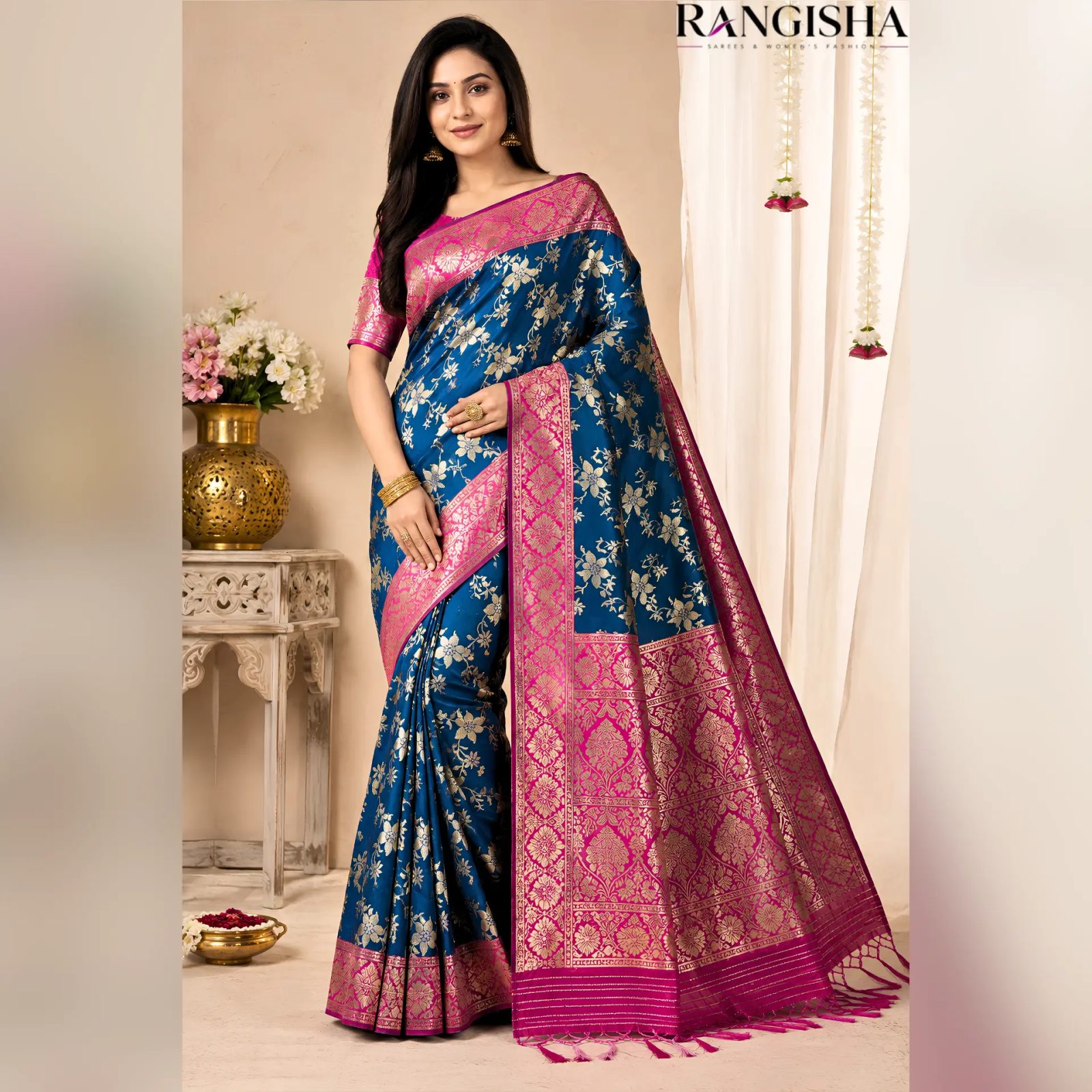 Rangisha Blue woven Silk saree With Unstiched Blouse Piece (gold zari border)