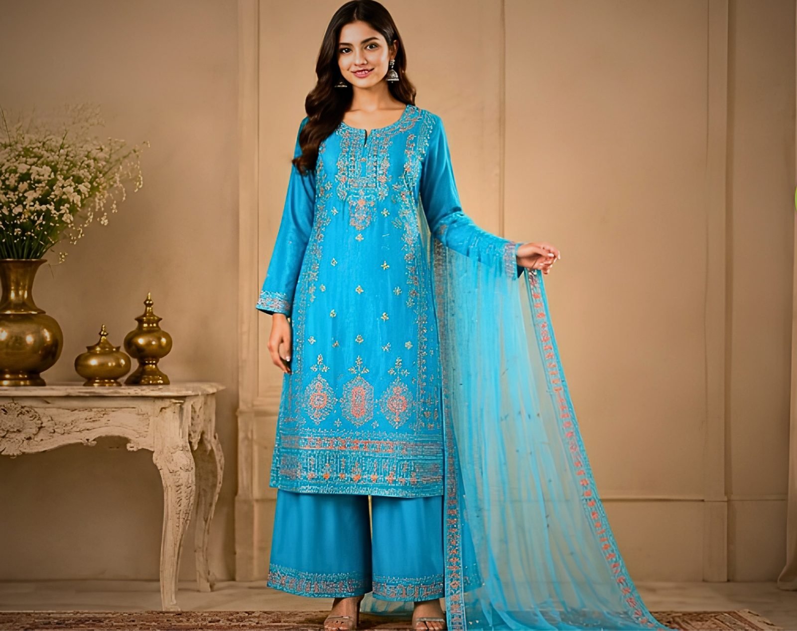 Rangisha Georgette Light Resham Plus Size (Original) Embroidered Trouser Suit for Diwali Party