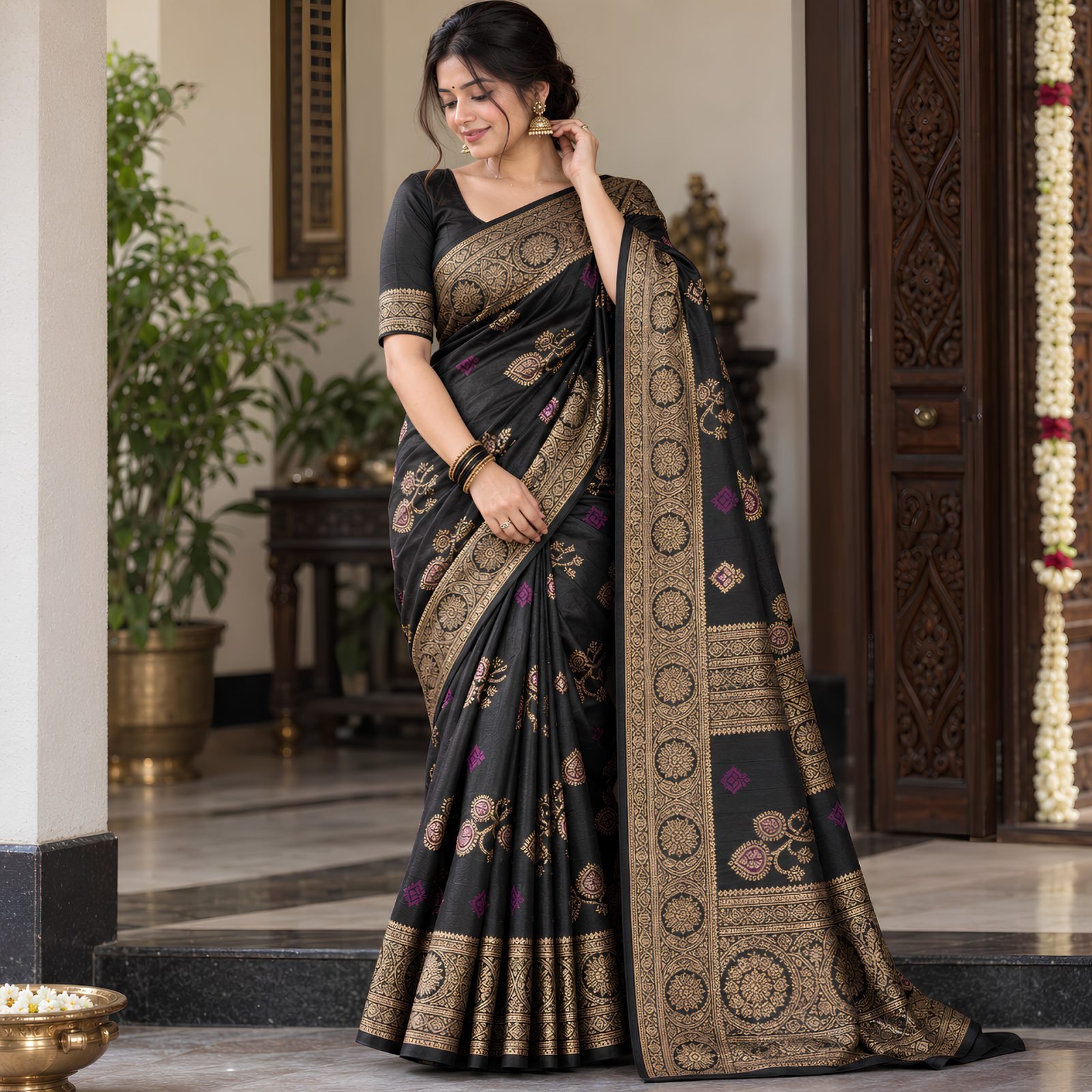 Rangisha Pure Banarasi Soft Katan Silk Saree with Woven Jacquard Design and Blouse Piece
