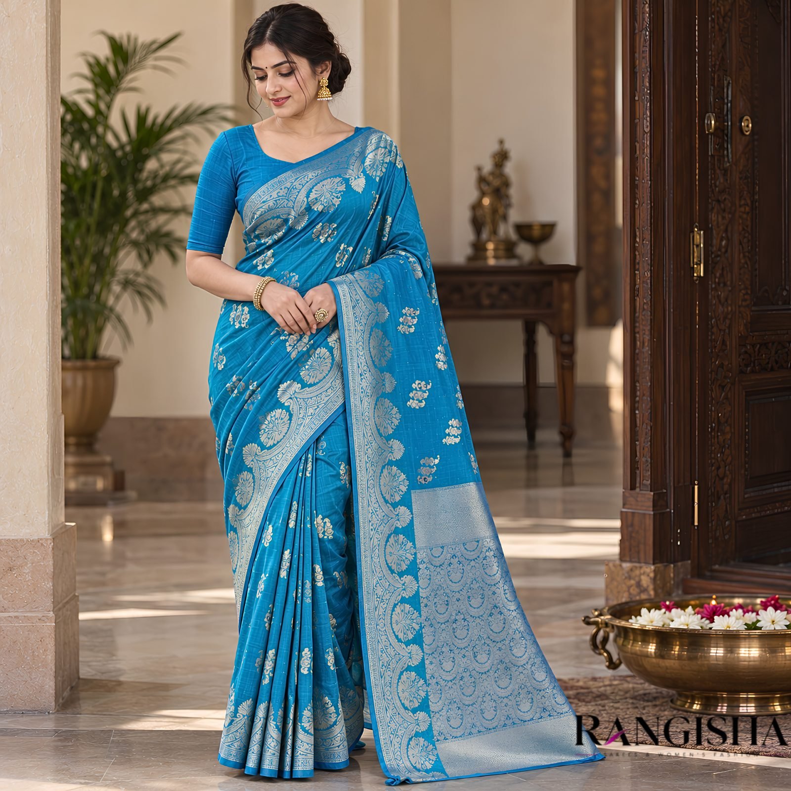 Rangisha Turquoise Jacquard Silk Blend Saree With Rich Woven Zari Border And Unstitched Blouse Piece