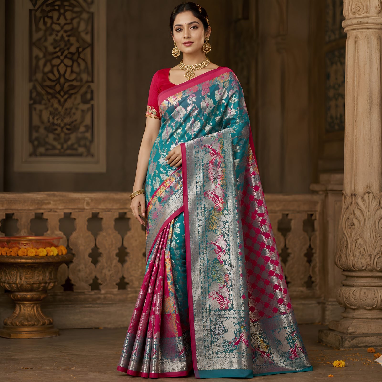 Rangisha Firozi Pure Zari Banarasi Silk Saree With Purple Blouse