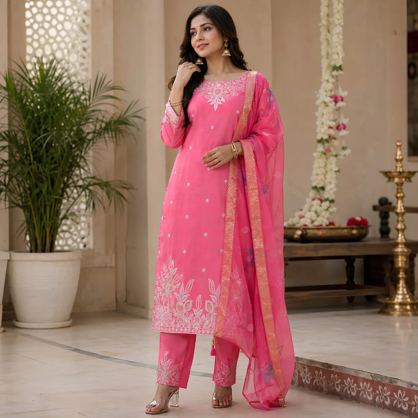 Floral Embroidered Regular Thread Work Pure Cotton Kurta with Trousers & With Dupatta