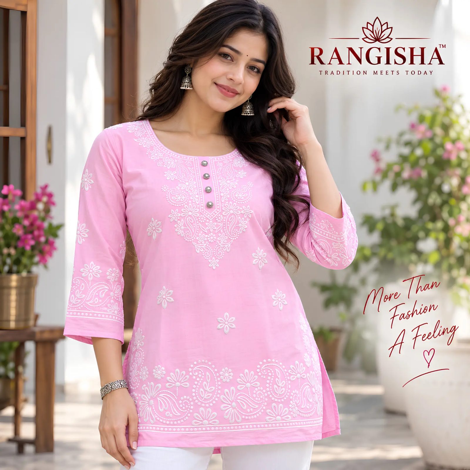 Rangisha Pink and White Embroidered Lucknowi Chikankari Cotton Kurti