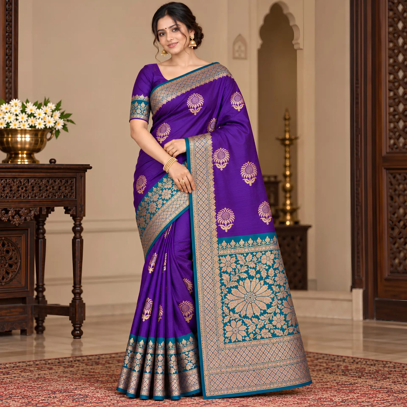 Rangisha Paisley Zari Silk Blend Handloom Banarasi Saree with Unstitched Blouse Piece