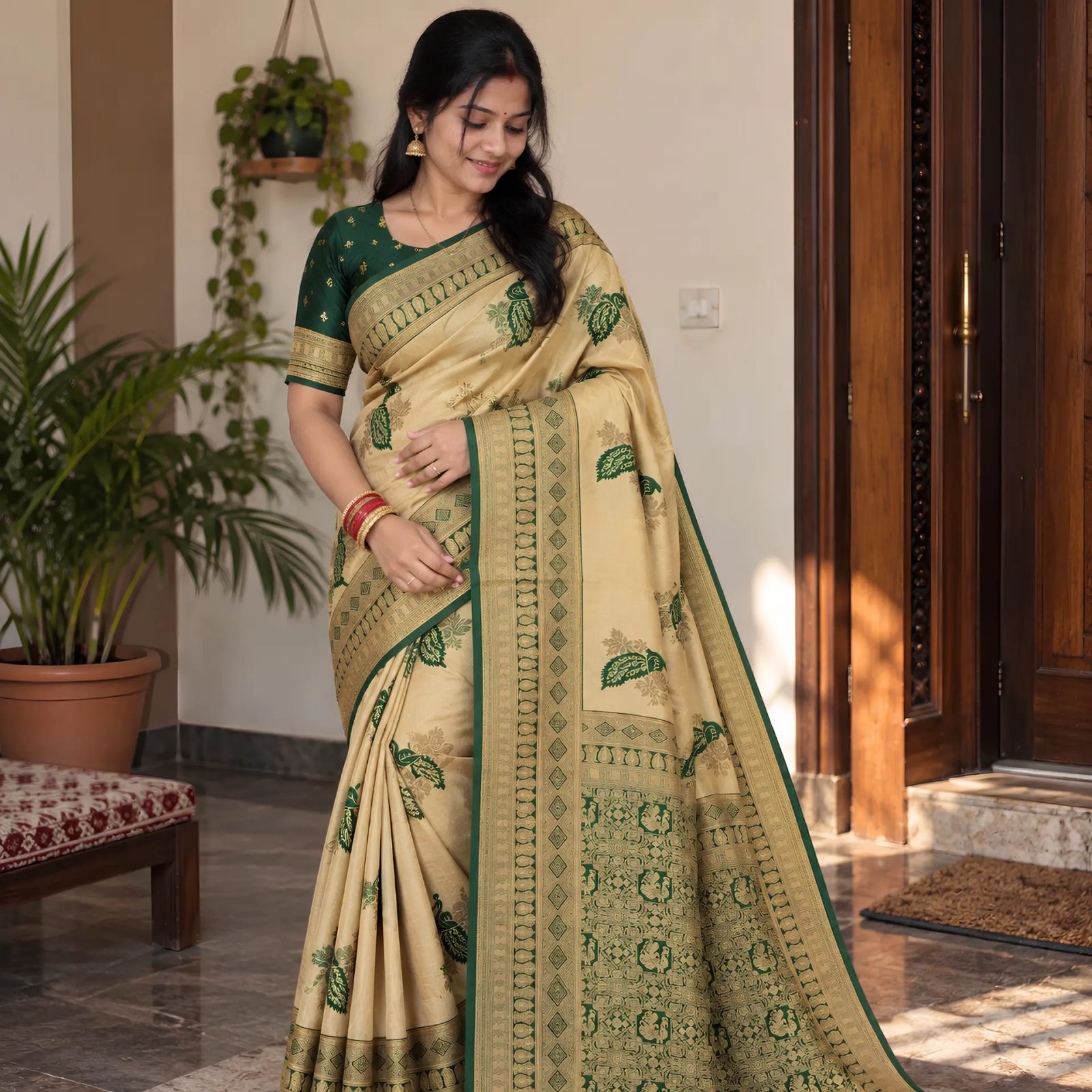 Rangisha Beige Ethnic Motifs Zari Silk Blend Handloom Banarasi Saree with Unstitched Blouse Piece