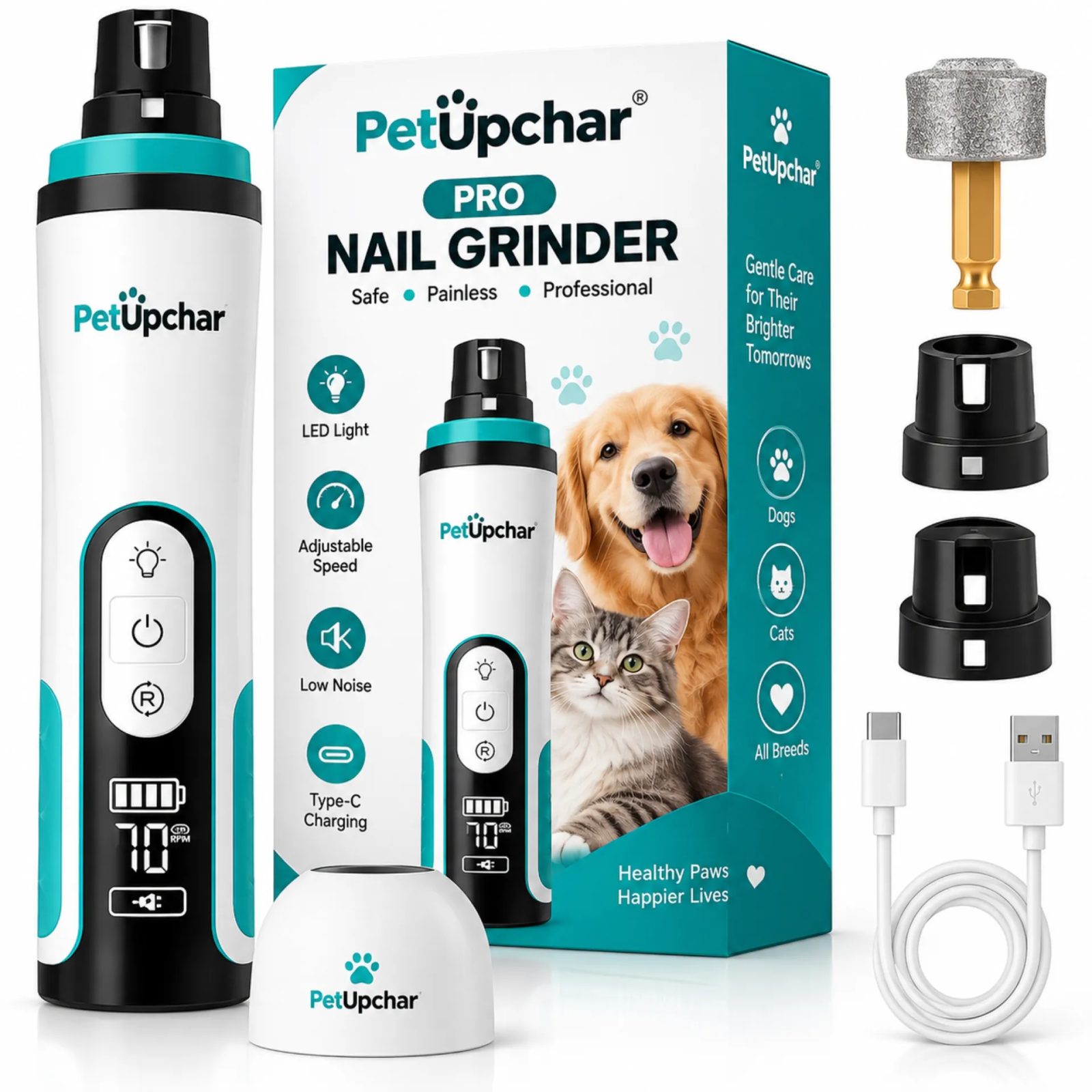 PetUpchar Dog and Cat Nail Grinder with LCD Display, 3 Speed Modes and 2 LED Lights